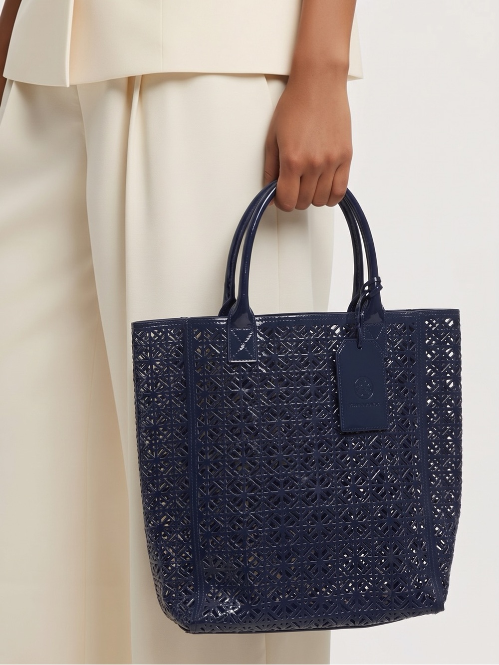 Tory Burch Navy Patent Laser-Cut Perforated Tote